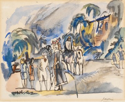 Sørlandskap med mor og barn (wc på papir) av Jules Pascin