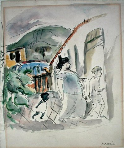 Kvinne og to barn (akvarell på papir) av Jules Pascin