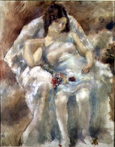 Ung kvinne sitter med blomster av Jules Pascin