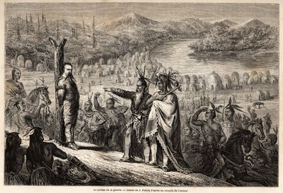 Krigsstangen, baronen av Wogan tatt til fange av indianerne fra Timpabaches-stammen, ligger ved bredden av San Juan, elvearmen til Rio Grande, tegnet av Jules Pelcoq, for å illustrere historien om baronen de Wogans tur til California i 1850-185 av Jules Pelcoq