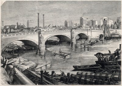 Transformasjoner av Paris under det andre imperiet, Haussmann Paris: arbeider utført foran broen til Alma i Paris for passasje av samlekloakken på bunnen av Seinen. Tegning av Jules Pelcoq. Gravering i "" The Illustrous Unive av Jules Pelcoq