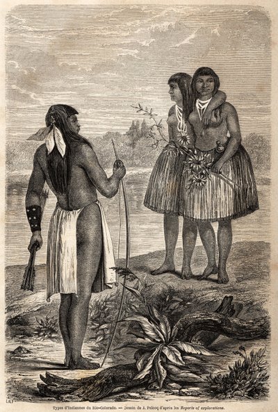 Type indianer fra Rio Colorado, tegning av Jules Pelcoq, for å illustrere historien om Baron de Wogans tur til California i 1850-1852. Gravering i "" Le tour du monde, nouveau journal des voyages"" Paris av Jules Pelcoq