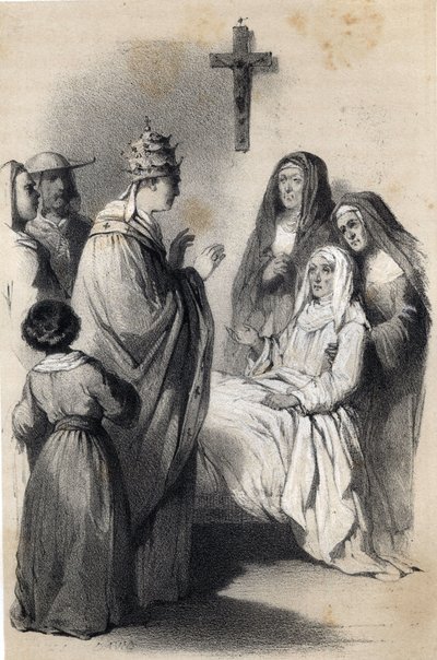 Representasjon av Saint Claire (Chiara) av Assisi (ca. 1192-1253), grunnlegger av den religiøse ordenen Clares i "The illustrious Women of Europe". Av grevinne Drohojowska, født Symon av Latreiche. Illustrerende tegninger av Jules David og Raunheim. rundt  av Jules and Raunheim Hermann David