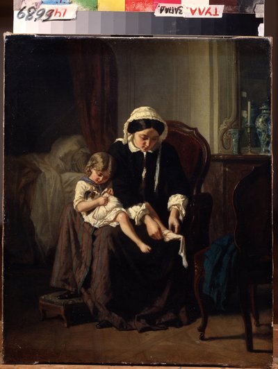 Morgentoalettet (morgentoalett). En mor (eller tjener?) hjelper et barn med å kle seg. Maleri av Jules Treyer (1824-1908). Olje på lerret, 47 x 39 cm av Jules Treyer