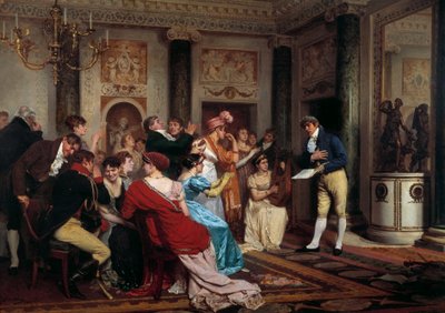 Romantikk er fasjonabelt Å lese et teaterstykke i en parisisk salong. (Salon Litteraire) Maleri av Jules Worms (1832-1914) Paris fra 1800-tallet, Palais du Luxembourg av Jules Worms