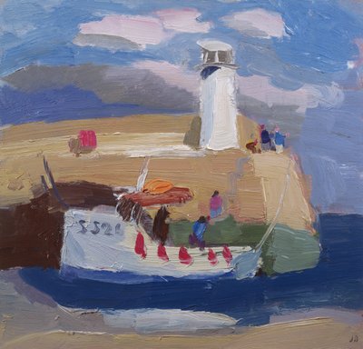 Figurer på en havnemur, Cornwall (olje om bord) av Julian Bailey
