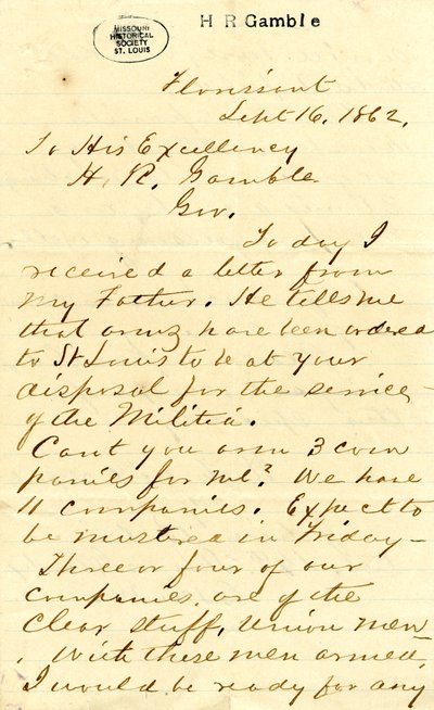 Brev signert Julian Bates, Florissant, til Hans Excellence H.R. Gamble, 16. september 1862 av Julian Bates