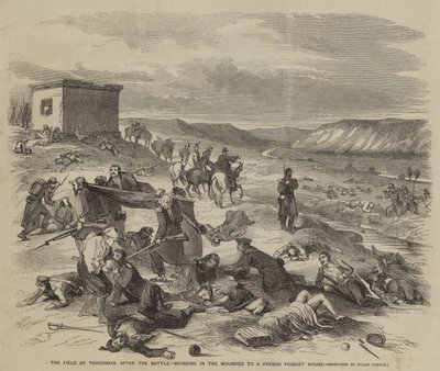 The Field of Tchernaya, etter slaget, bringer de sårede inn til et fransk Picquet-hus av Julian Portch
