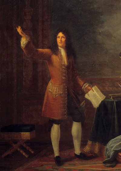 Jean Racine (1639-1699) leste skuespillet sitt foran kongen av Frankrike. Detalj av maleriet "" Jean Racine (1639-1699) som leser "" Athalie"" før Louis XIV (1638-1715) og Francoise d
