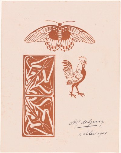 Sommerfugl-, hane- og bladarbeid av Julie de Graag (signed by artist)