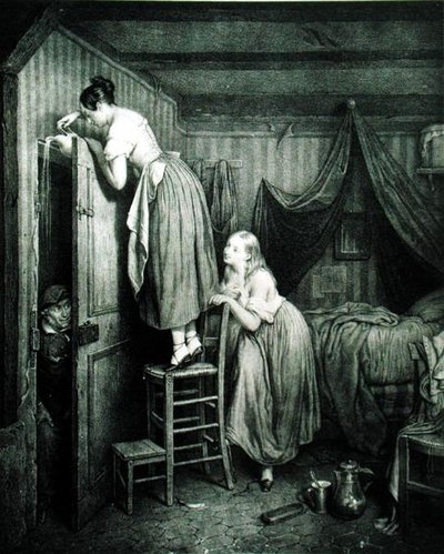 The Nosy Parker Punished, gravert av Alphonse Leon Noel (1807-84) (trykk) av Julien (after) Vallou de Villeneuve