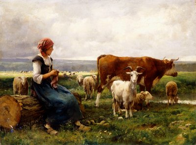 Gjeterinne med kuer og geiter, av Julien Dupre