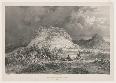 Ruinene av Chateau dArtns nær Huelgoat, Bretagne, 1845-1846. av Julien Louis Jacottet