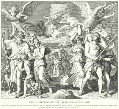 Babel, spredningen av Noahs etterkommere (gravering) av Julius (after) Schnorr von Carolsfeld
