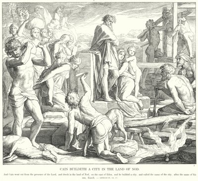 Kain bygger en by i landet Nod (gravering) av Julius (after) Schnorr von Carolsfeld