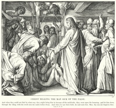 Kristus helbreder mannen som er syk av parese (gravering) av Julius (after) Schnorr von Carolsfeld