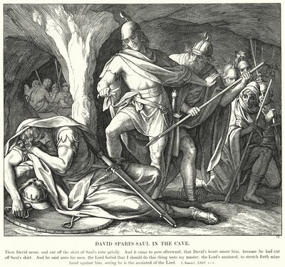 David sparer Saul i hulen (gravering) av Julius (after) Schnorr von Carolsfeld