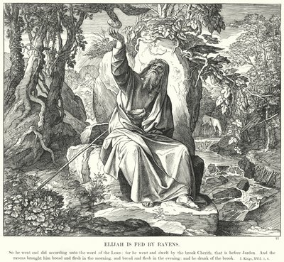 Elijah blir matet av ravner (gravering) av Julius (after) Schnorr von Carolsfeld