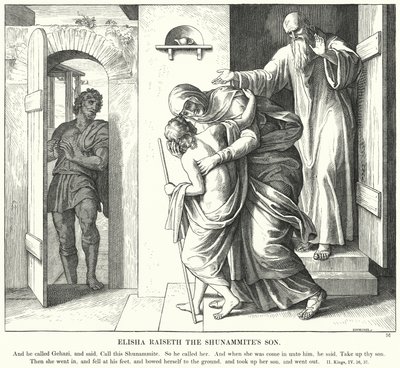 Elisa oppdrar Sunemmittens sønn (gravering) av Julius (after) Schnorr von Carolsfeld