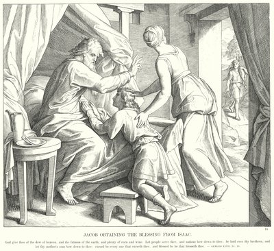Jakob får velsignelsen fra Isak (gravering) av Julius (after) Schnorr von Carolsfeld