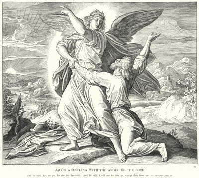 Jakob som bryter med Herrens engel (gravering) av Julius (after) Schnorr von Carolsfeld