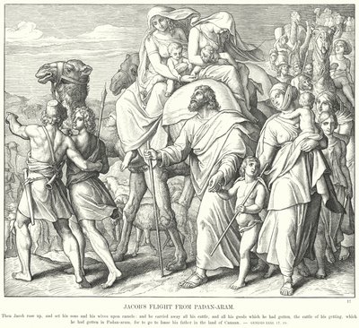 Jakobs flukt fra Padan-Aram (gravering) av Julius (after) Schnorr von Carolsfeld