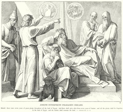 Josef tolker faraos drømmer (gravering) av Julius (after) Schnorr von Carolsfeld