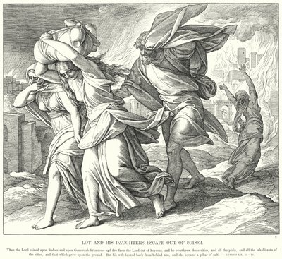 Lot og hans døtre rømmer ut av Sodoma (gravering) av Julius (after) Schnorr von Carolsfeld