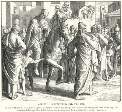 Mordekai er æret og opphøyet (gravering) av Julius (after) Schnorr von Carolsfeld