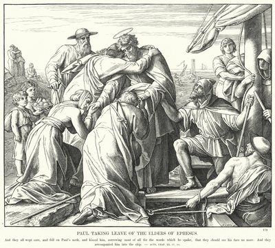 Paulus tar avskjed med de eldste i Efesos (gravering) av Julius (after) Schnorr von Carolsfeld