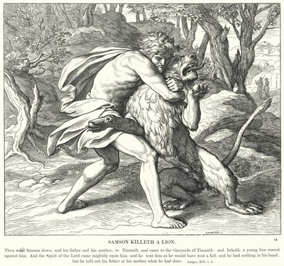 Samson dreper en løve (gravering) av Julius (after) Schnorr von Carolsfeld