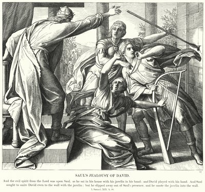 Sauls sjalusi av David (gravering) av Julius (after) Schnorr von Carolsfeld