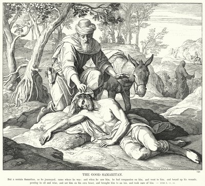 Den barmhjertige samaritan (gravering) av Julius (after) Schnorr von Carolsfeld