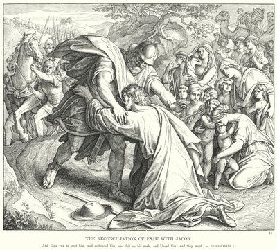 Esaus forsoning med Jakob (gravering) av Julius (after) Schnorr von Carolsfeld