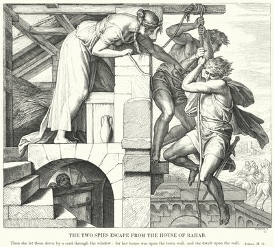 De to spionene rømmer fra huset til Rahab (gravering) av Julius (after) Schnorr von Carolsfeld