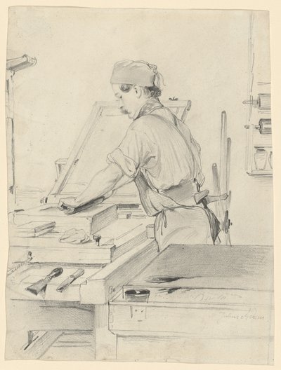 Selvportrett som arbeider ved en litografisk presse av Julius Adam the Elder