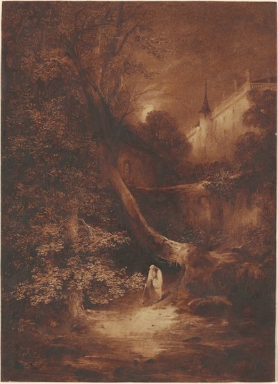 Månebelyst landskap med en munk som går nær et palass av Julius Albert Elsasser