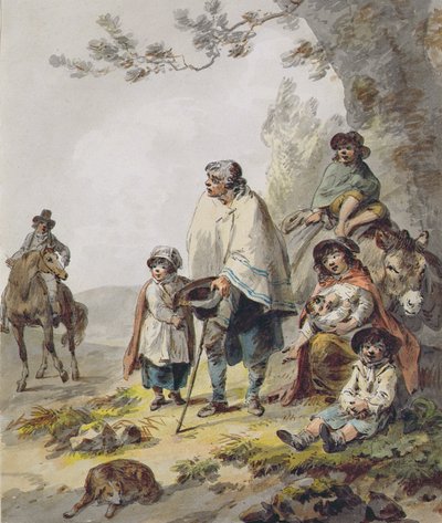 A Gypsy Family (penn og blekk med akvarell på papir) av Julius Caesar Ibbetson