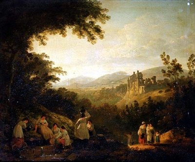 Et skogkledd landskap med vaskekvinner ved en fontene av Julius Caesar Ibbetson