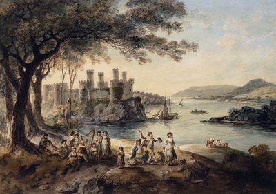 Conway Castle, med John Smith "The Blind Harper" i forgrunnen, 1796 av Julius Caesar Ibbetson