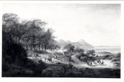 Distant View of Anglesea (olje på lerret) (svart-hvitt-trykk) av Julius Caesar Ibbetson