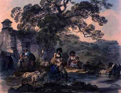 Bønder vasker sauer i Cwm Rheidol, Cardiganshire (akvarell på papir) av Julius Caesar Ibbetson