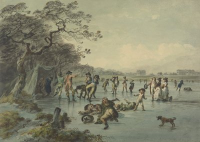 Skating i Hyde Park, ca. 1785 (penn, blekk og wc på papir) av Julius Caesar Ibbetson