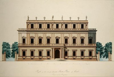 Design for frontfasaden til rådhuset i Kassel (grafitt, penn og akvarell på papir) av Julius Eugen Ruhl