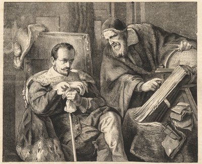 Albrecht von Wallenstein (Waldstein) (1583-1634) med astrologen Giovanni Battista Seni (Seno, Zeno, Senno Zenno) (1600-1656) etter et maleri av Julius Schrader av Julius Friedrich Anton (after) Schrader