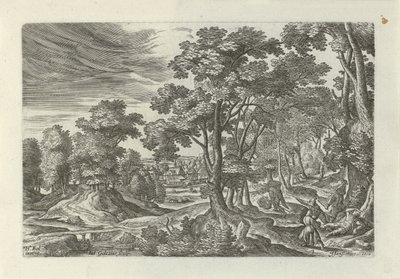 Landskap med ran på den reisende Landskap med scener fra lignelsen om den barmhjertige samaritan (serietittel) av Julius Goltzius