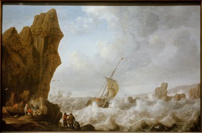 Fiskebåt i stormfullt hav utenfor en steinete kyst av Julius Porcellis
