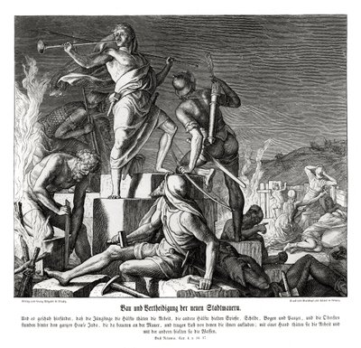 Bygging og forsvar av de nye bymurene, Nehemia av Julius Schnorr von Carolsfeld