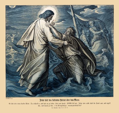 Jesus og Peter går på vannet, Matteusevangeliet av Julius Schnorr von Carolsfeld