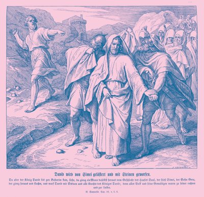 Simei forbanner og kaster stein på David, 2. Samuel av Julius Schnorr von Carolsfeld